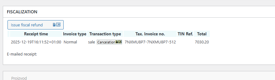 Dostupne fiskalne komande kada je račun prodaje izdat