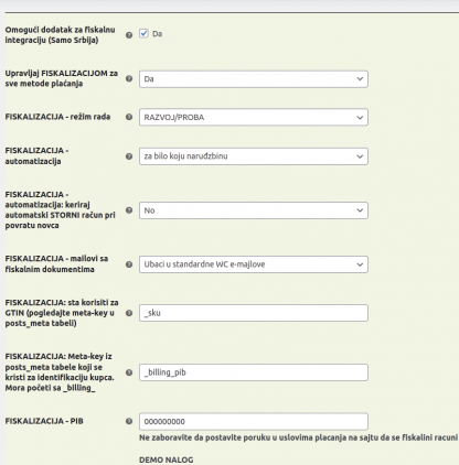 Pregled podešavanja fiskalizacije