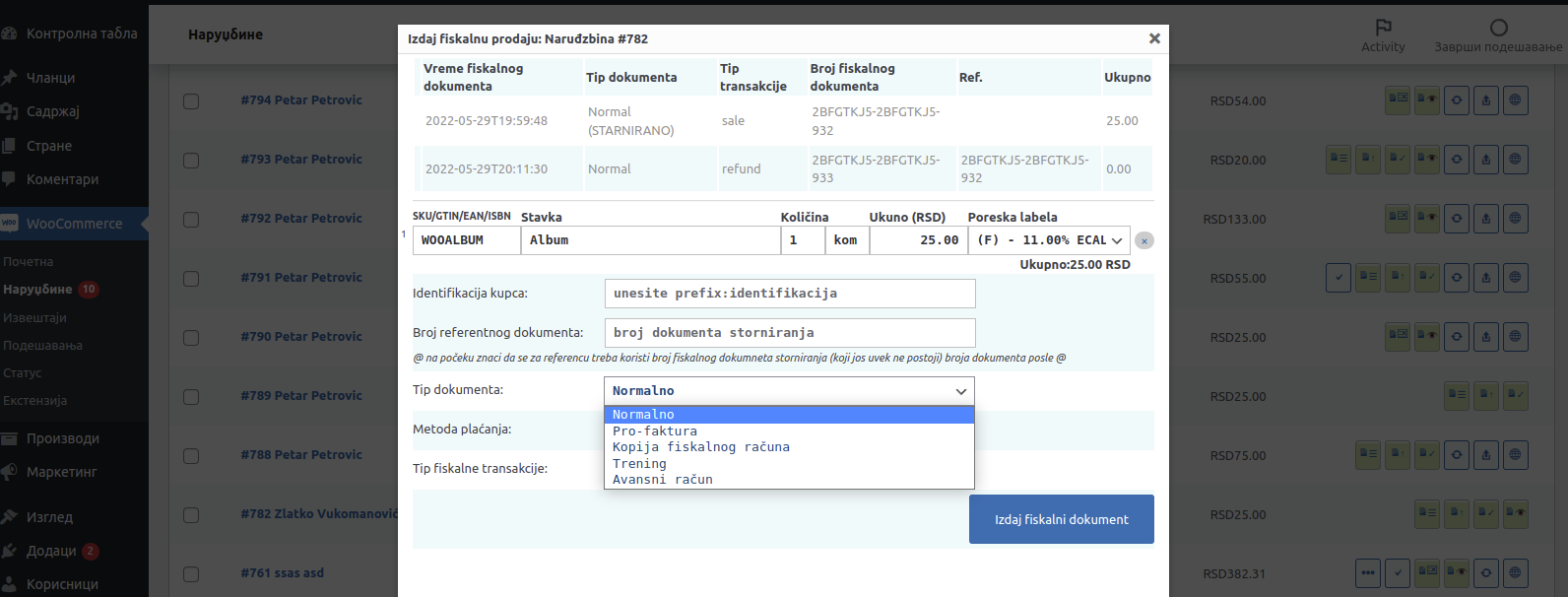 Izbor tipa fiskalnog računa