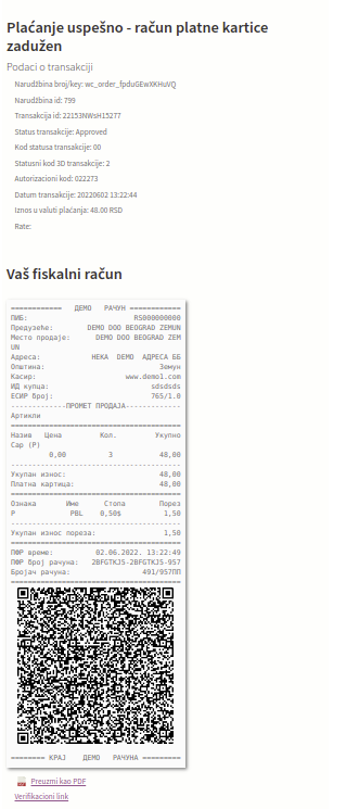 Prikaz fiskalnog računa na Thank You strani