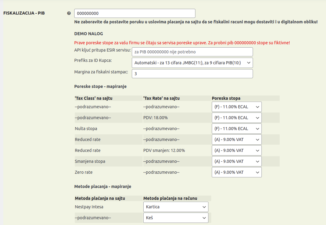 Mapiranje poreskih stopa i metoda plaćanja