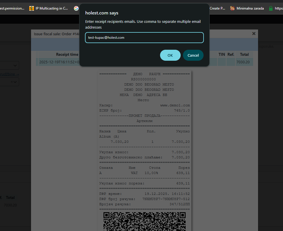 Slanje fiskalnog računa na mail kupcu